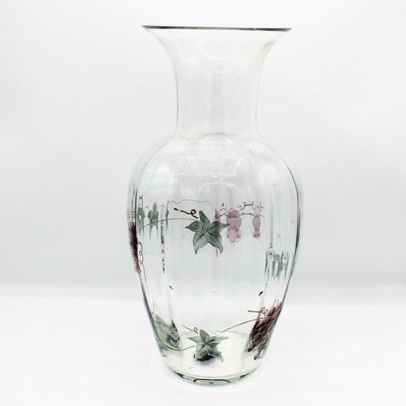 Vintage Large Glass Vase Etched Grape Design Hand Painted Accents by Wine Things - Picture 4 of 7